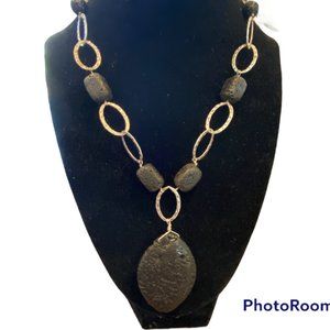 BARSE 925 Hammered Sterling Silver Black Volcanic Rock and Beads Necklace